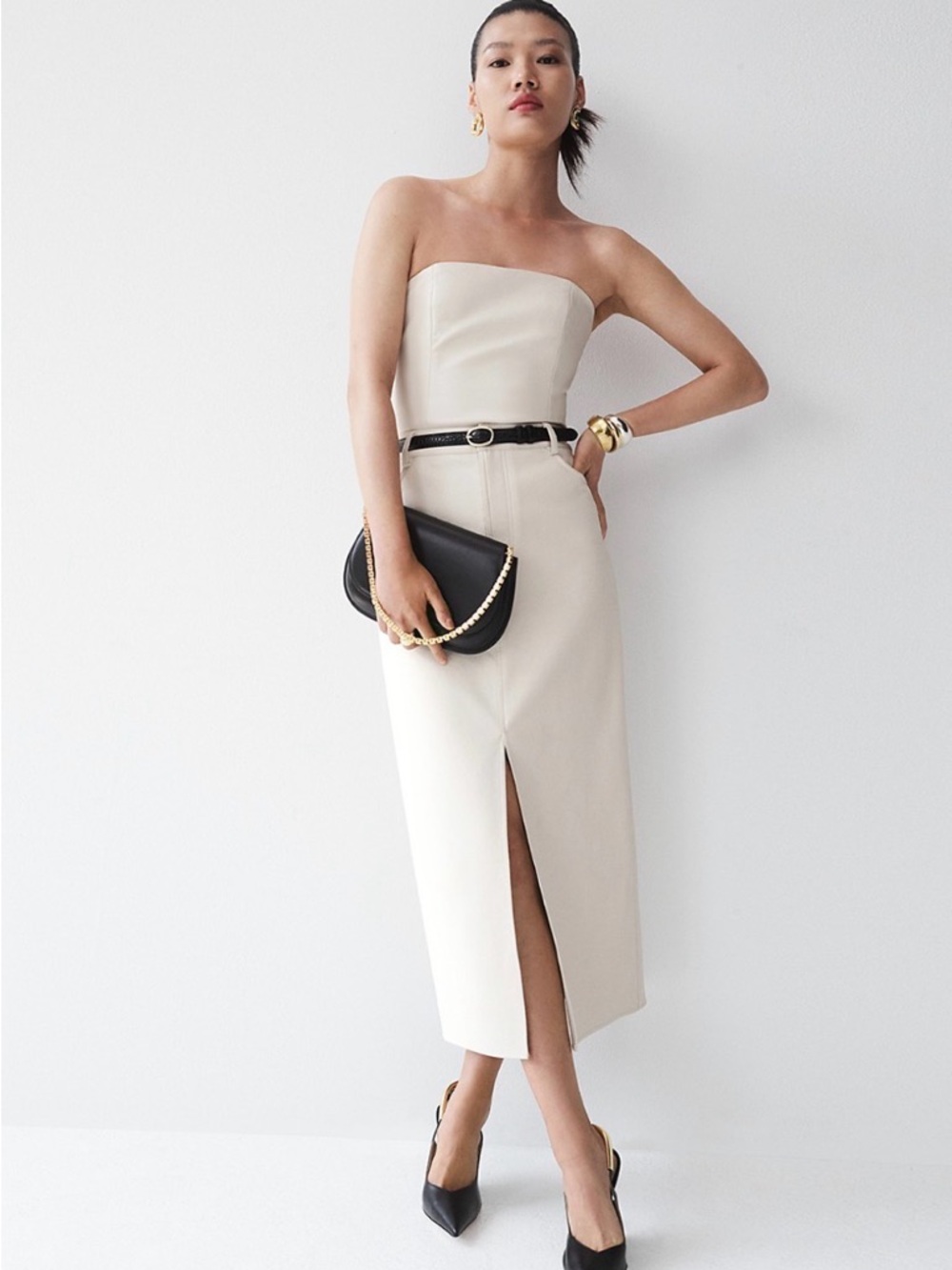 WAYF Midi Sheath Skirt in Cream with Front Slit, size XS